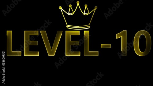 Animated level 10 text with crown over black background suitable for gaming content