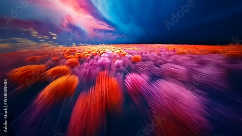 Vibrant field of flowers under a dramatic sky with rich colors.