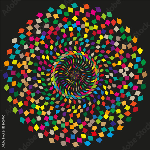 Colorful dot spiral. Vibrant round pattern. Optical movement shape. Vector abstract element.