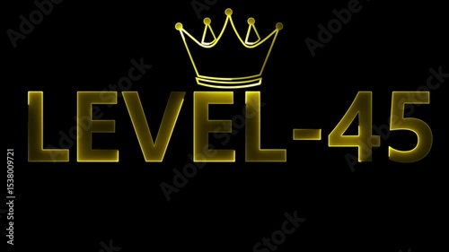 Neon gold level 45 animation with crown on black background for gaming graphics