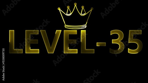 Animated level 35 graphic with crown achieving milestone in bright golden color
