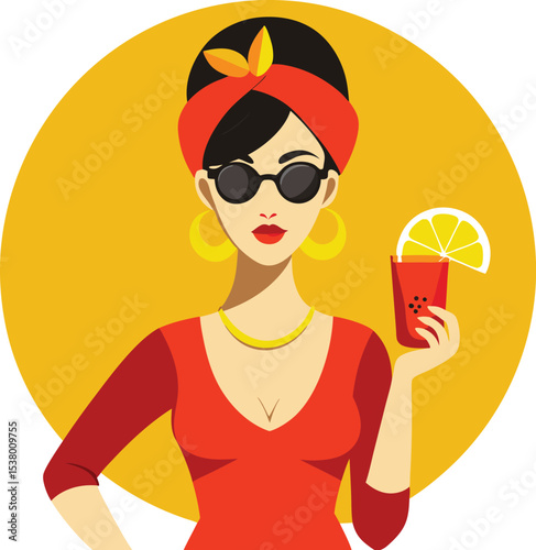 Stylish woman in red dress enjoying a summer cocktail