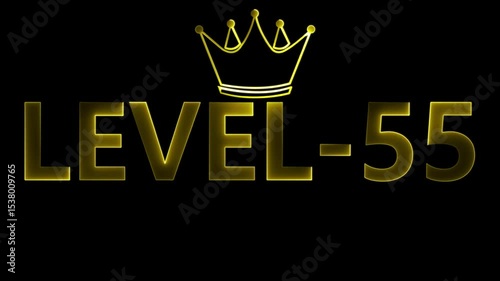 Animated gold level 55 text with crown on black background for gaming content