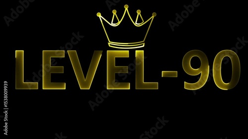 Illuminated level 90 text with crown on black background for gaming or achievement content