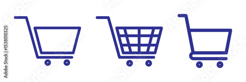 Shopping cart icon. Blue shopping cart vector isolated on white background. Blue Shopping cart trolley icon vector. Supermarket basket vector set. Store checkout isolated icon. Blue shopping cart icon
