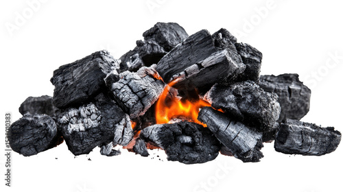 Piled Black Charcoal Pieces with Flaming Ember and Intense Heat for Outdoor Cooking Preparation