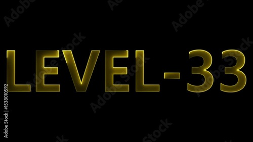 Animated glowing text rendering the game level number thirty three on black background
