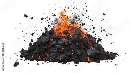 Volcanic Eruption with Fiery Lava and Dark Ash Pile Spewing Smoke Against Transparent Background