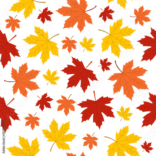 Colorful autumn leaves scattered on a white background create a vibrant seasonal pattern. Seamless pattern