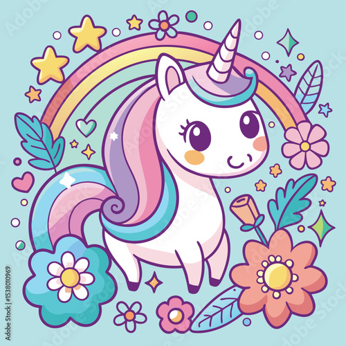 Cute cartoon unicorn with rainbow and flowers