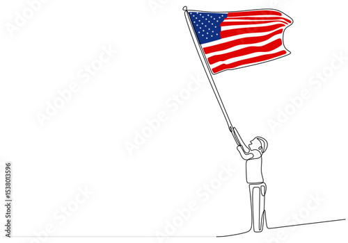 Kid holding american flag in one continuous line art style. Boy proudly hoisting USA flag.