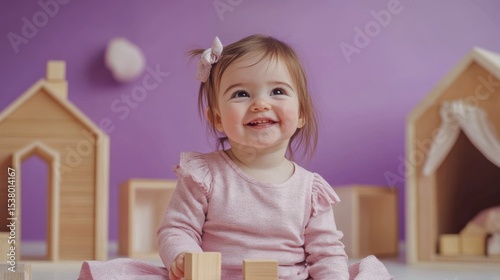 Happy baby girl playing with wooden blocks.