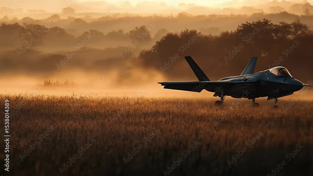 Modern Pixel Art Style Jet Fighter Airplane in a Foggy Golden Field at Sunset with Trees and Atmospheric Lighting