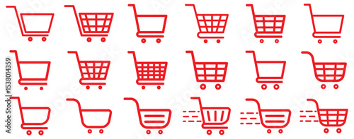 Shopping cart icon. Red shopping cart vector isolated on white background. Red Shopping cart trolley icon vector. Supermarket basket vector set. Store checkout isolated icon Red Shopping cart icon set