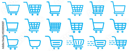 Shopping cart icon. Blue shopping cart vector isolated on white background. Blue Shopping cart trolley icon vector. Supermarket basket vector set. Store checkout isolated icon. Blue shopping cart icon