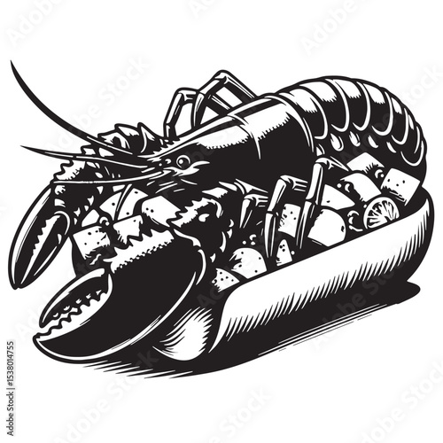 Black New England Lobster Roll Silhouette Vector, High Quality Illustration on White Background