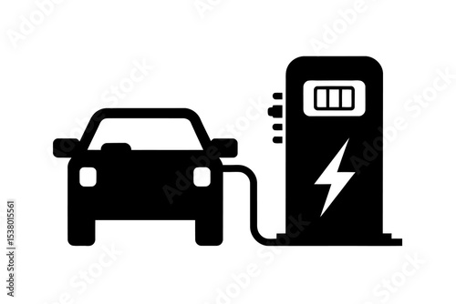 Electric Car Charging Station Icon. EV Vehicle with Power Plug Symbol