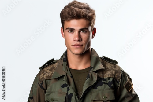 Young soldier posing confidently in military uniform in a studio setting with plain background
