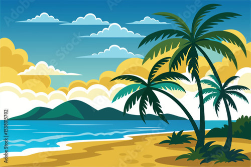 Serene Tropical Beach Sunset Palm Trees, Ocean, and Golden Sky