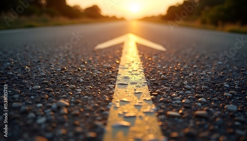 Asphalt road with arrow marking pointing toward sunlight, close up view