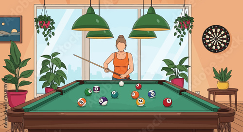 A lively vector illustration of a woman enjoying a game of billiards in a vibrant setting, perfect for themes of leisure, hobbies, and indoor recreation