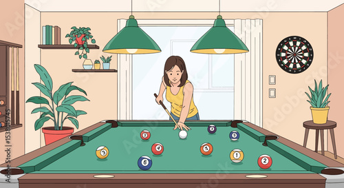 A lively vector illustration of a woman enjoying a game of billiards in a vibrant setting, perfect for themes of leisure, hobbies, and indoor recreation