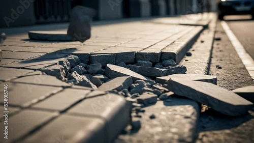 Fallen paving stones disrupting sidewalk causing uneven surface in urban setting