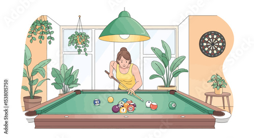 A lively vector illustration of a woman enjoying a game of billiards in a vibrant setting, perfect for themes of leisure, hobbies, and indoor recreation