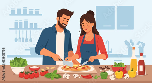 A charming vector illustration of a happy couple cooking a pizza together in their kitchen, embodying romantic moments and shared culinary joy