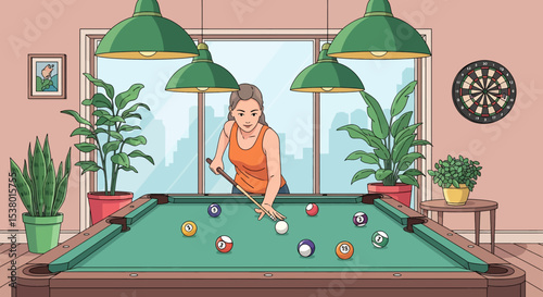 A lively vector illustration of a woman enjoying a game of billiards in a vibrant setting, perfect for themes of leisure, hobbies, and indoor recreation