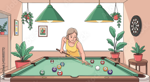 A lively vector illustration of a woman enjoying a game of billiards in a vibrant setting, perfect for themes of leisure, hobbies, and indoor recreation