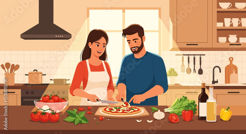 A charming vector illustration of a happy couple cooking a pizza together in their kitchen, embodying romantic moments and shared culinary joy