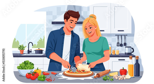 A charming vector illustration of a happy couple cooking a pizza together in their kitchen, embodying romantic moments and shared culinary joy