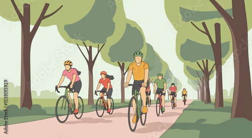 A dynamic vector illustration of a diverse group cycling through a scenic park, promoting outdoor fitness and a healthy, active lifestyle