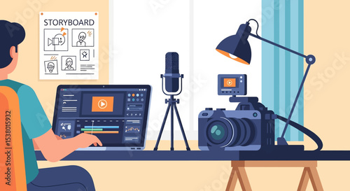A skilled vector illustration showcasing a man editing video content in a professional studio, complete with camera, microphone, and storyboard, ideal for creative themes