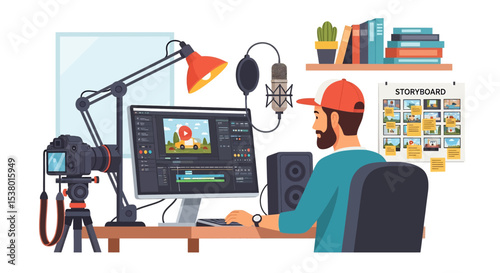 A skilled vector illustration showcasing a man editing video content in a professional studio, complete with camera, microphone, and storyboard, ideal for creative themes