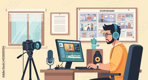 A skilled vector illustration showcasing a man editing video content in a professional studio, complete with camera, microphone, and storyboard, ideal for creative themes