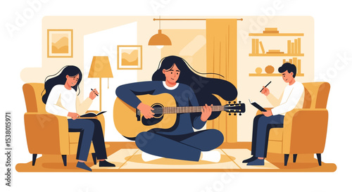 A cozy vector illustration of a young woman playing an acoustic guitar, sitting comfortably on an armchair in her home
