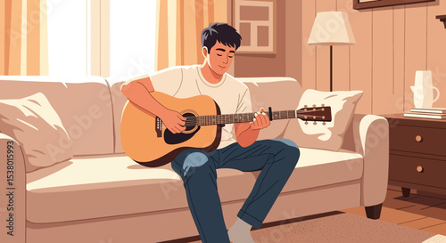 A charming vector illustration of a young man comfortably playing an acoustic guitar on a sofa in a sunlit living room, highlighting hobbies and relaxation