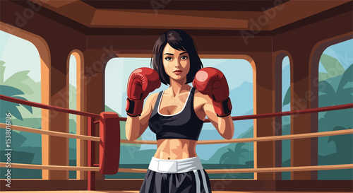 A powerful vector illustration of a sexy woman boxer in the ring, symbolizing strength, determination, and a healthy, active lifestyle