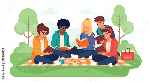 A colorful vector illustration of a diverse group of young people reading books together on a picnic blanket in a park under a summer bright sky