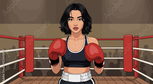 A powerful vector illustration of a sexy woman boxer in the ring, symbolizing strength, determination, and a healthy, active lifestyle