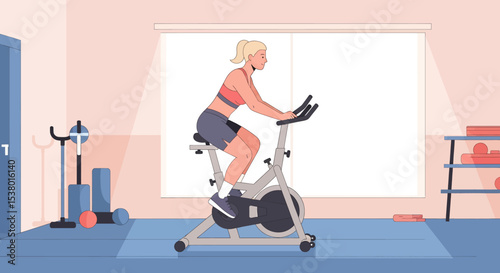 A strong vector illustration of a woman exercising on a static bike in a gym, promoting a healthy lifestyle and indoor fitness
