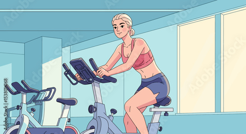 A strong vector illustration of a woman exercising on a static bike in a gym, promoting a healthy lifestyle and indoor fitness