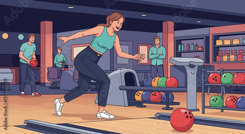 A vibrant vector illustration of a woman enjoying a game of bowling, embodying active recreation and a fun, healthy lifestyle