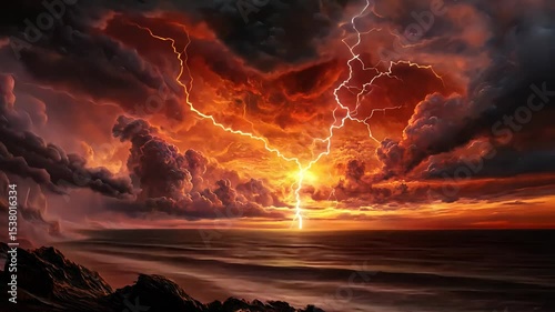 Dramatic sunset with striking lightning over a turbulent ocean.