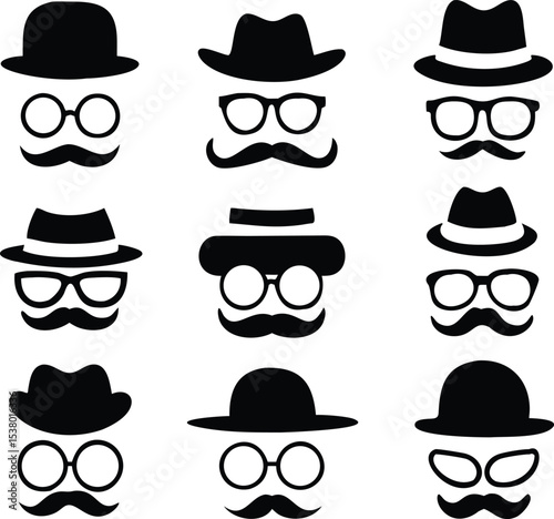 A vintage hipster fashion collection of black vector accessory icons featuring hats, mustaches, glasses, and caps