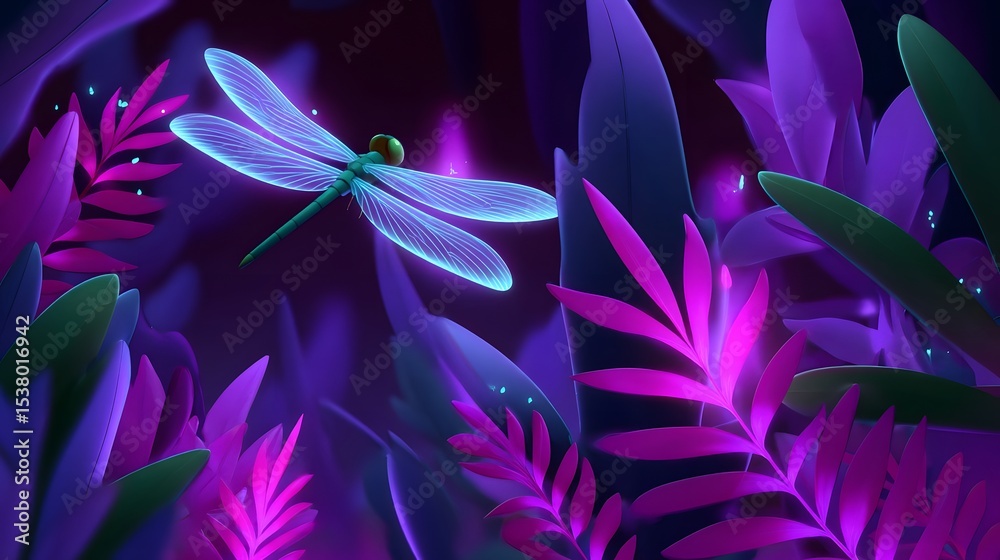 Fototapeta premium Glowing dragonfly in a neon-colored magical forest
