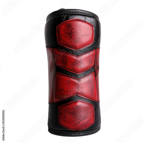 Protective shin guard with sleek design featuring red and black colors, ideal for sports and martial arts Transparent background or png