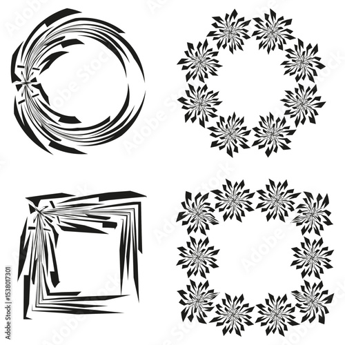 Floral wreath icons. Decorative circle set. Abstract vector design. Black white elements.